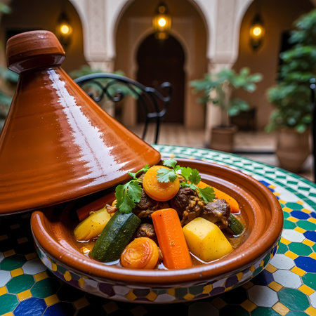 Authentic Moroccan tagine dish. Savory meat and vegetable stew. Rustic clay pot cuisine. Rich flavors from North Africa. Exotic dining experience.の素材