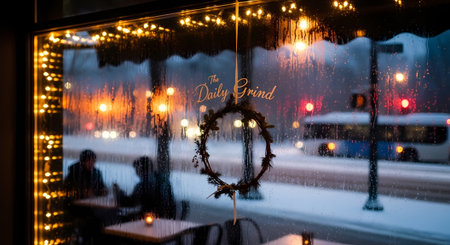 Warm cafe interior, rainy window view, bright string lights, blurred streetの素材