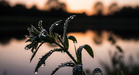 Dew drops glisten on plant leaves reflecting warm sunset light on water; nature close-upの素材