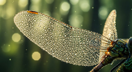 Macro nature photography dragonfly wing intricate details dew drops early morning golden hour light.の素材