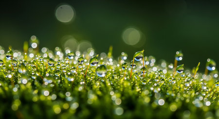 Close-up green moss, sparkling dewdrops, dark background, fresh morning moistureの素材