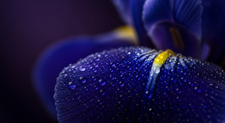 Macro shot blue flower petal with dew drops. Vibrant colors floral detail. Natural beauty in dark setting.の素材