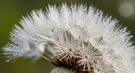 Dandelion seed head covered with dew, sparkling drops, soft light.の素材