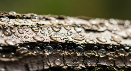 Raindrops on tree bark closeup, water drops on wood texture, natural detail wet surface, fresh morning dew on tree.の素材