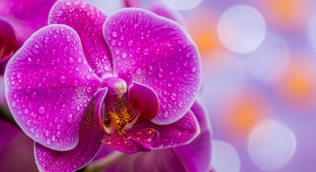 Vibrant fuchsia orchid close-up, sparkling water drops, fresh flower detailの素材