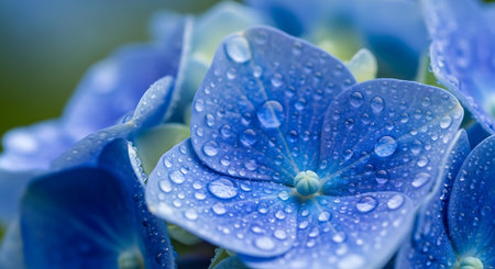 Blue hydrangea bloom closeup, vibrant petals, glistening raindrops, lush green bokehの素材