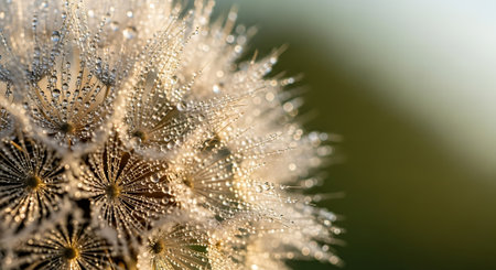 Macro dandelion seed head, morning dew drops, glistening nature, close-up details, soft light.の素材