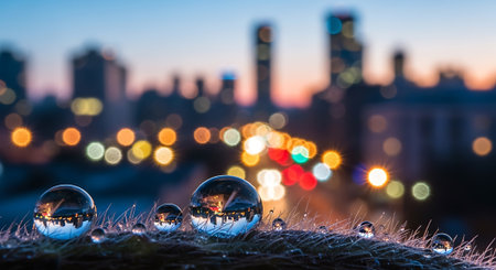 Cityscape lights blur evening urban scene with reflective water beads on grassの素材