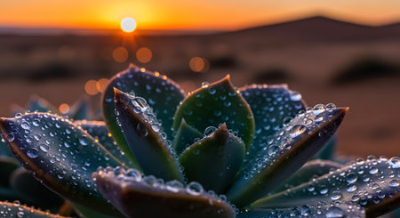 Sunrise succulent plant. Water droplets on leaves. Desert morning light. Outdoor flora close-up. Vibrant natural beauty.の素材