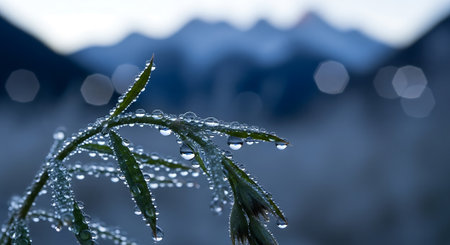 Morning dew drops on grass blades, nature macro photo, fresh botanical detailsの素材
