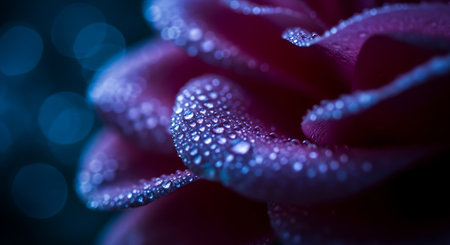 Macro view of morning dew on dark pink flower petal against blurred lightsの素材