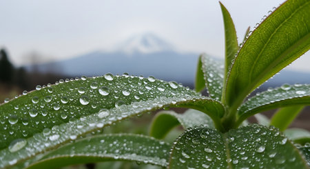 Close up view, glistening water drops, vibrant green foliage, mountain peak backgroundの素材