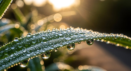 Close-up of grass blade with dew drops; golden sunlight bokeh background; nature macro photographyの素材
