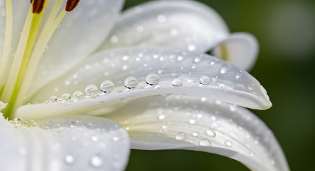 White lily petal with water drops close-up, delicate flower natural beautyの素材