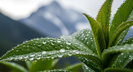 Crisp morning dew, verdant foliage, nature's beauty, mountain vista, tranquil sceneの素材