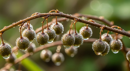 Branch covered in dew drops, morning close up, green leaves, fresh natureの素材