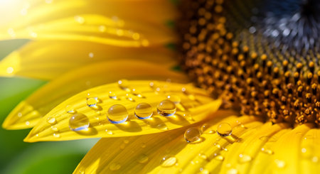 Sunflower petals macro shot, vibrant yellow flower with water droplets, natural light reflection, detailed floral texture, golden hues of nature.の素材