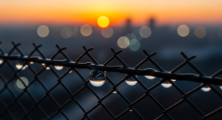 Close-up chain-link fence, water droplets, sunset reflections, bokeh city lights, evening sky.の素材