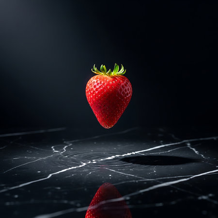 Bright red strawberry hovers over water creating ripples; striking fruit suspension. Dark backdrop enhances berry's rich color.の素材