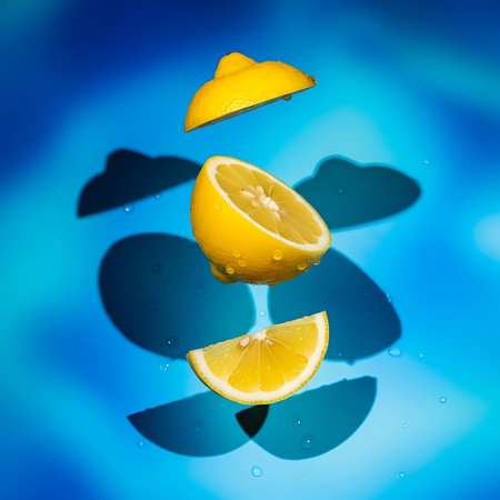 Bright lemon fruit sliced into pieces, water drops, vibrant blue background still life.の素材