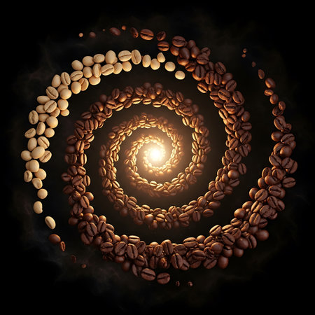 Coffee beans forming spiral galaxy Light center Dark background Abstract conceptの素材