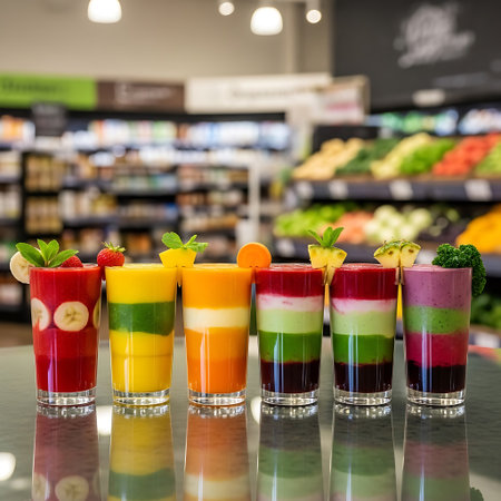 Colorful fruit and vegetable smoothies in tall glasses. Healthy drinks with fresh ingredients. Store backdrop with blurred fruits and vegetables.の素材