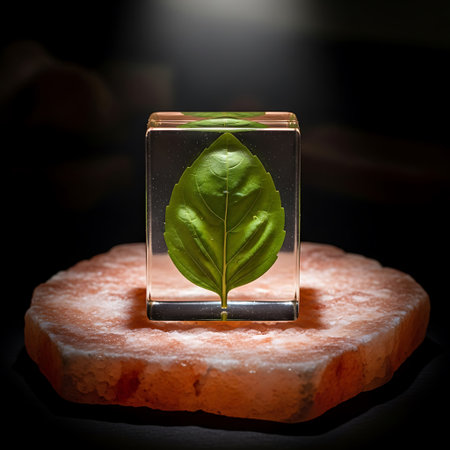 Basil leaf preserved in resin block, displayed on natural pink Himalayan salt slab.の素材