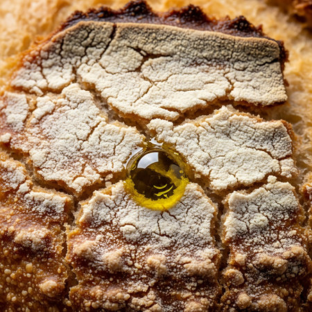 Artisan bread close-up, golden brown crust, olive oil indentation. Fluffy interior, rustic texture, baked perfection. Delicious bakery product, fresh from oven.の素材