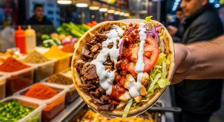 Doner kebab, delicious gyro, pita bread, yogurt sauce, fresh ingredients, street food, marketの素材