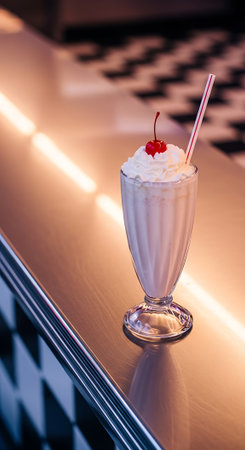 Vanilla milkshake whipped cream cherry diner counter; Refreshing dessert vintage setting; Sweet beverage striped straw.の素材