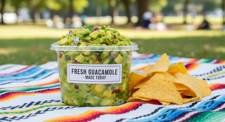 Container of fresh guacamole made today, tortilla chips, picnic blanket, outdoor setting, park, summer.の素材
