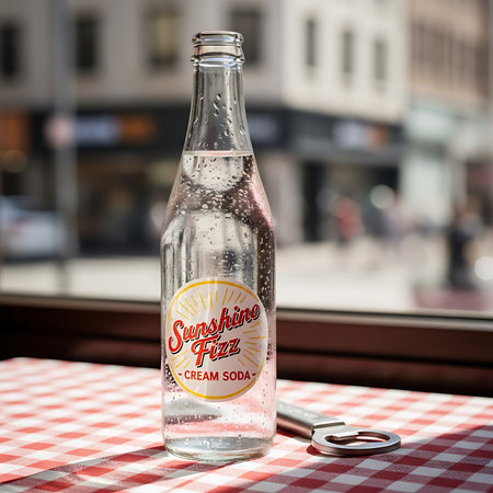 Clear glass bottle with Sunshine Fizz Cream Soda label on checkered tablecloth. Refreshing drink on sunny day, outdoor street view.の素材
