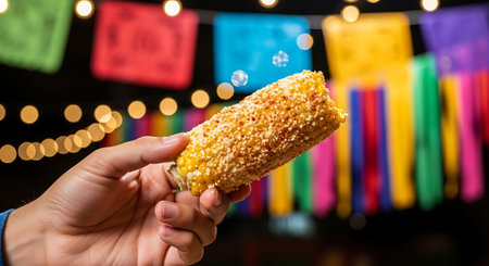 Hand holding elote Mexican street corn, delicious corn snack, bokeh lights festive backgroundの素材