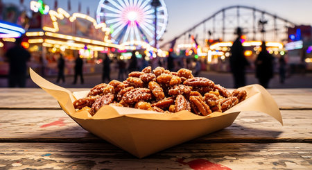Candied pecans close-up fun fair, evening lights, carnival rides, ferris wheel, roller coaster.の素材