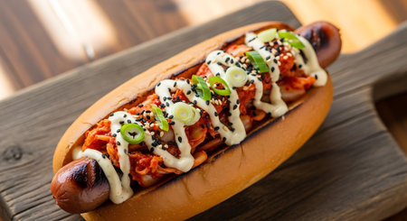 Delicious hot dog on wood board, kimchi hot dog with mayo, sesame seeds, scallions toppingの素材