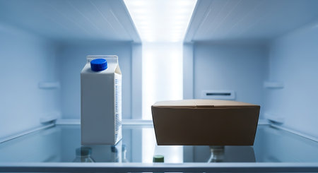 Milk carton cardboard box empty refrigerator interior clear glass shelf food storage home appliance.の素材