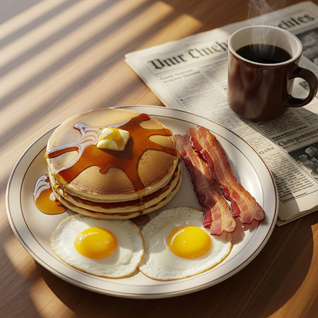 Hearty breakfast with fluffy pancakes, golden fried eggs, crispy bacon, steaming coffee, morning newspaperの素材