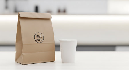 Minimalist takeaway packaging, brown paper bag, white disposable cup, modern countertopの素材