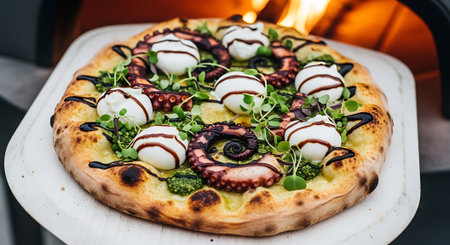 Artisan octopus pizza, fresh burrata, pesto, balsamic glaze, microgreens on wood peel; oven background.の素材