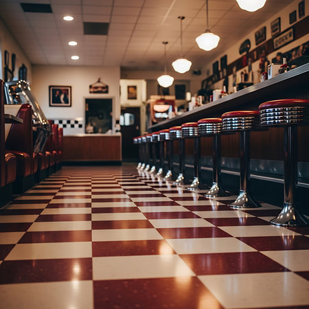 Classic diner interior with iconic checkered floor, comfortable booths, and sleek counter stools.の素材