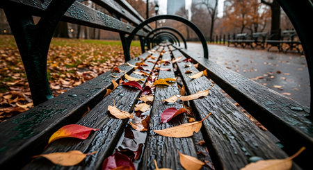 Autumn leaves adorn wet park bench, New York City park settingの素材