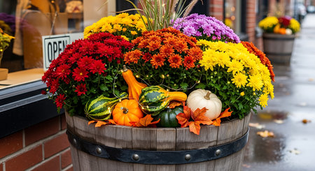 Autumn floral arrangement in wooden barrel. Colorful mums, gourds, pumpkins enhance Fall decor. Vibrant seasonal display for outdoor Autumn ambiance.の素材