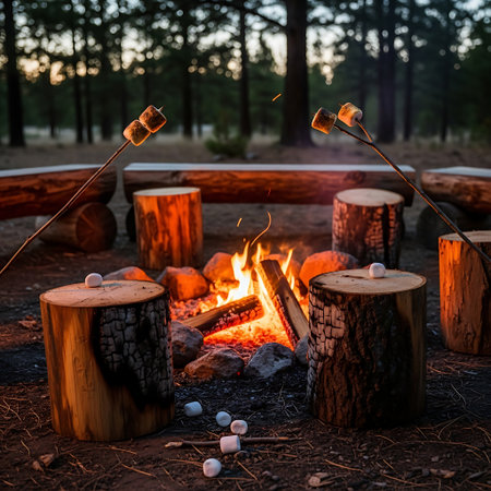 Autumn evening campfire with marshmallows roasting. Wilderness backdrop creates serene outdoor experience.の素材