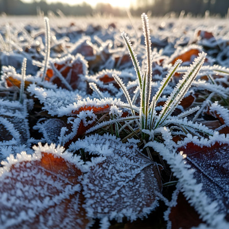 Autumn morning frost nature close up macro view. Sun shining through, icy leaves, frozen grass, winter season approachingの素材