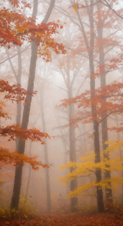 Autumn forest landscape with mist, tall trees, colorful orange and yellow leaves.の素材