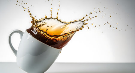 Coffee splashing out of cup on white background. Dynamic caffeine beverage moment in coffee cup. Action shot of drink being poured.の素材