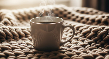 Mug of warm coffee with rising steam placed on knitted blanket. Hot drink in cozy setting for relaxation or break time moment.の素材