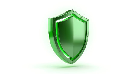 Metallic green security shield concept. Protection safety guarding symbol defense system insurance and secure guarantee sign rendering.の素材