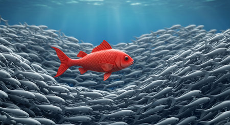 Red fish swimming different direction in sea. Gray fish follow the group. Concept unique creative leadership and business strategy vision.の素材
