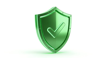 Security shield with check mark 3d rendering icon. Concept for computer security safety protection antivirus and approved icon element.の素材
